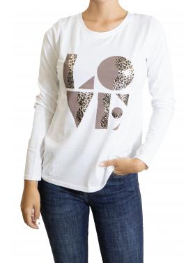 t shirt manica lunga con stampa love leopardata